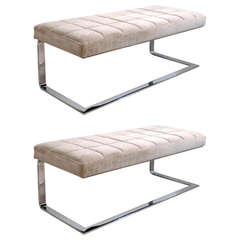 Pair of Cantilevered Flat Bar Chrome Benches