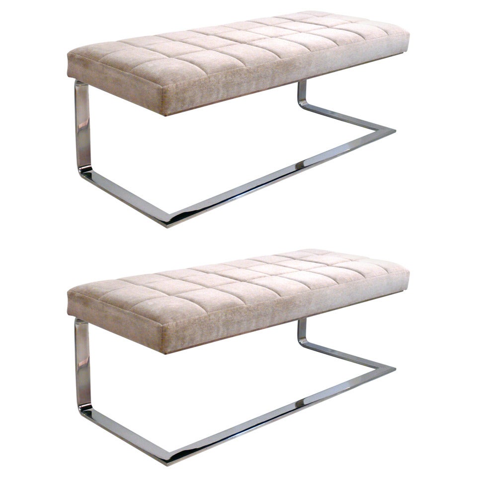 Pair of Cantilevered Flat Bar Chrome Benches