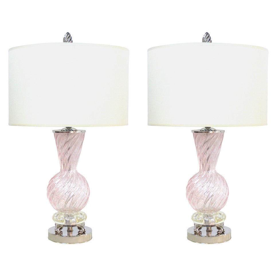Pair of Pink Murano Glass Table Lamps For Sale