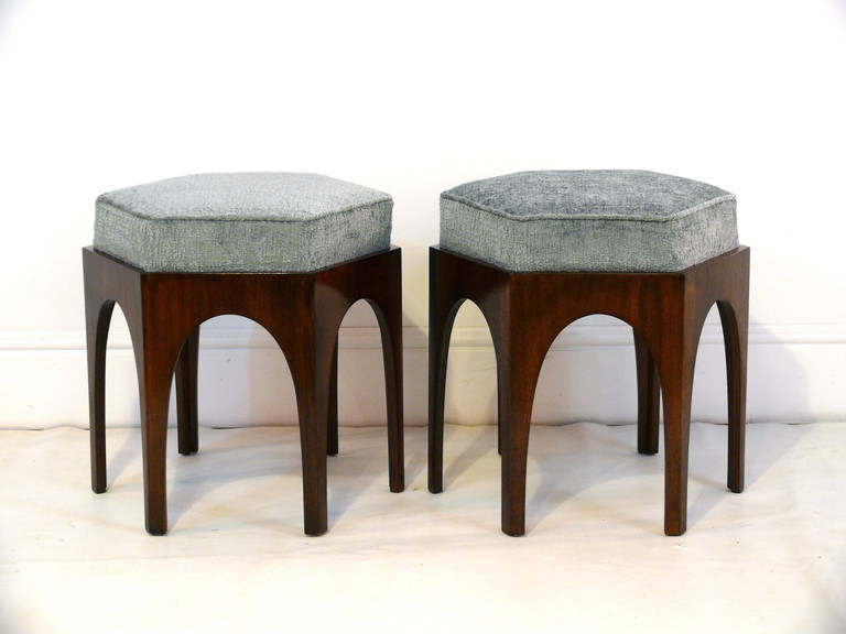 Mid-Century Modern Pair of Hexagonal Arched Stools or Ottomans