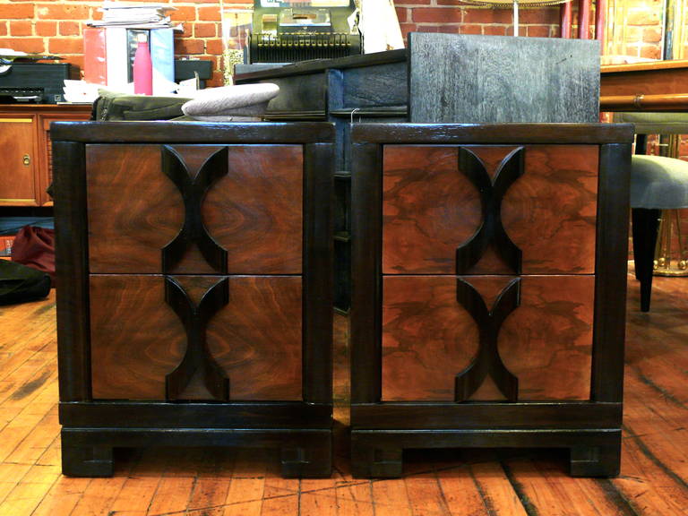 Fantastic pair of two-drawer nightstands in the manner of James Mont with elegant 'X' shaped pulls. The rich front grain was refinished in a medium high-gloss walnut in contrast to the dark chocolate case finish. The deep drawers offer plenty of