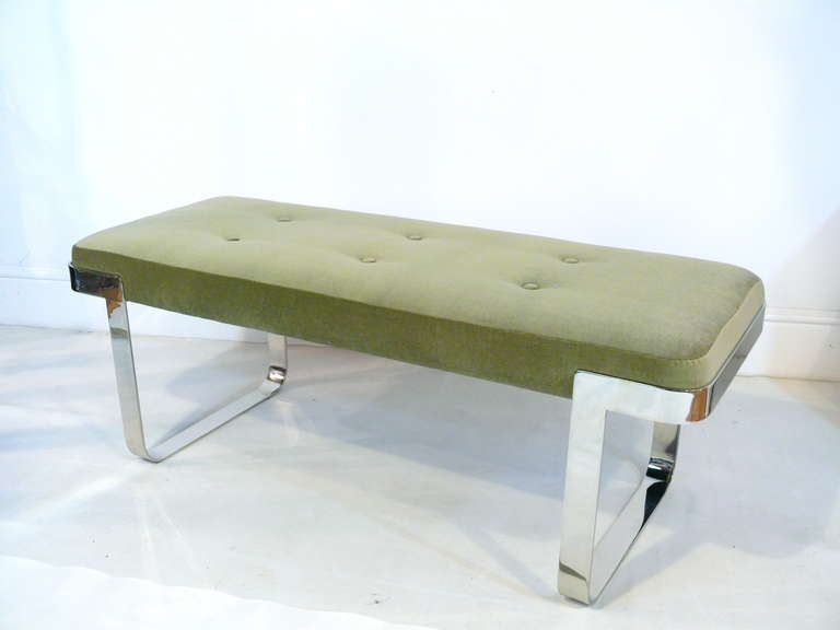 Iconic bench by Milo Baughman in polished chrome with new velvet upholstery.

Please visit Fairfield County's largest freestanding destination for Mid-Century Modern furniture, lighting, decorative art and fine art at 583 Pacific Street, Stamford