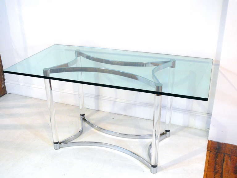 Spectacular Lucite, chrome and glass table by Charles Hollis Jones. Lucite has been professionally polished and is free of any cracks or crazing. Chrome in excellent condition. Shown with a 30 x 60" top but it can hold a top much larger.