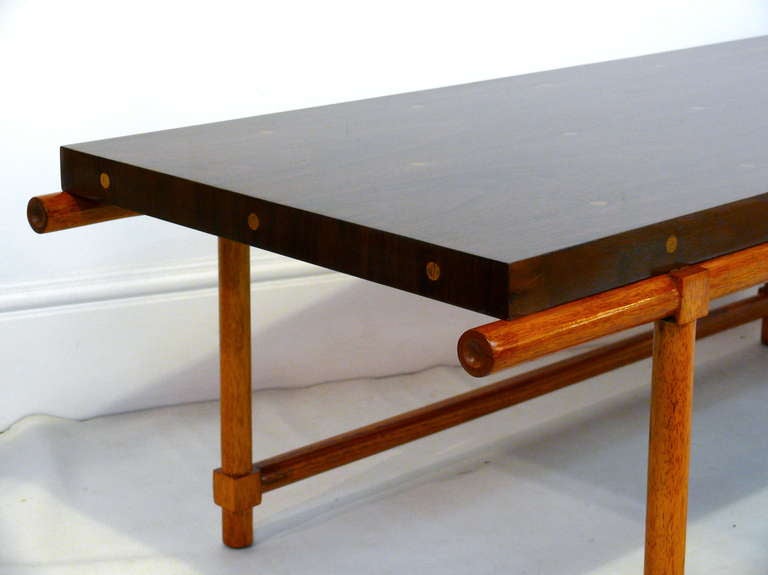 Incredible cocktail table by Parzinger Originals. Top and sides are inlaid with contrasting wood dots. Table has been restored and refinished. Stamped Parzinger Originals.