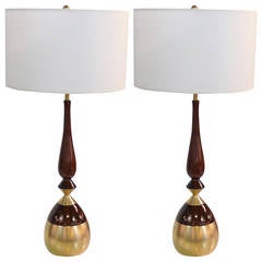 Vintage Pair of Myrtle Wood and Brass Ponti Style Lamps