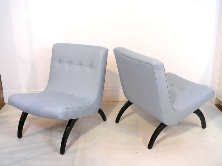Pair of scoop chairs by Milo Baughman for Thayer Coggin. Legs newly re-lacquered in black with newly upholstered seats in powder blue cotton.