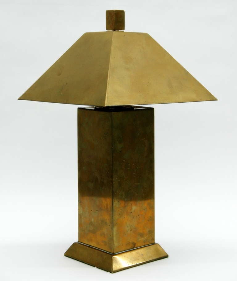 Wonderfully crafted lamp with unique brass shade. 

The shade is 13 inches square by 6.5 inches tall.  The switch is a round knob on the top of the base that also serves as a dimmer.
