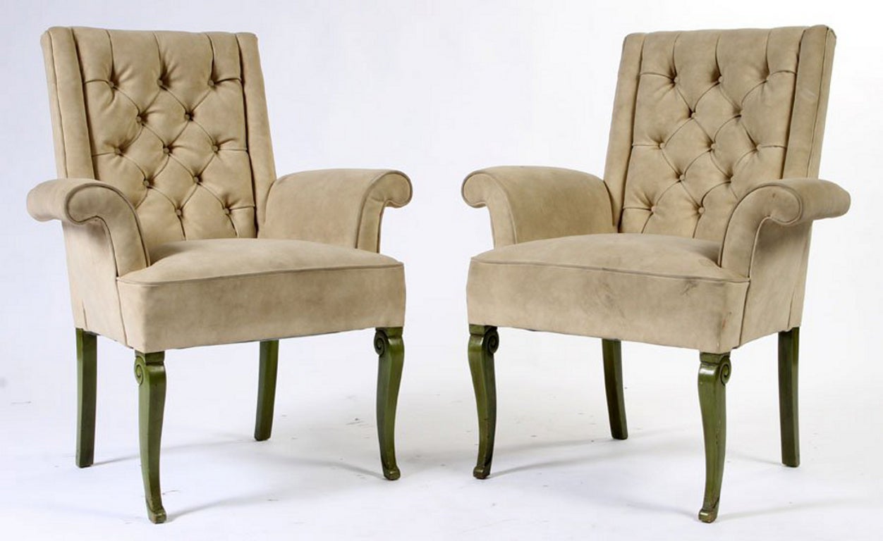 Pair Hollywood Regency Armchairs with Tufted Upholstery