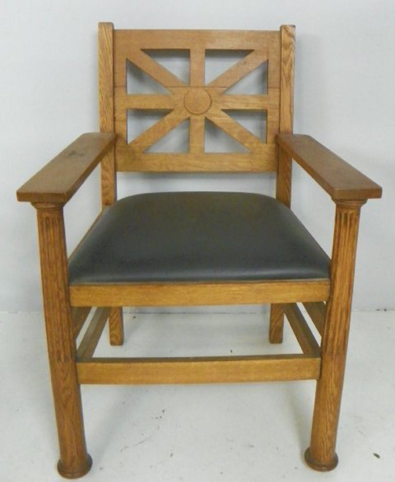 American Pair of Arts & Crafts Oak and Leather Armchairs