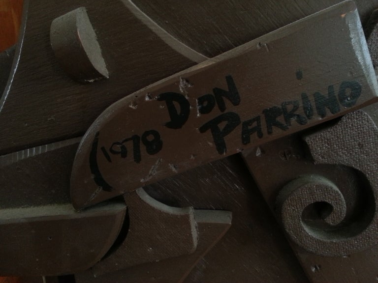 Metal Modernist Carved Wood Sculpture signed Don Parrino, 1978 For Sale