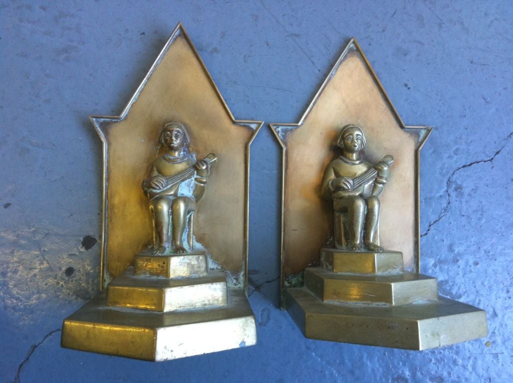 20th Century Pair of Bronze Bookends with Sitar Players