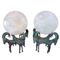 Pair of Rock Crystal Globes Supported by Bronze Rams 2