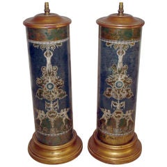 Antique A Pair of Mercury Glass Eglomisse Lamps