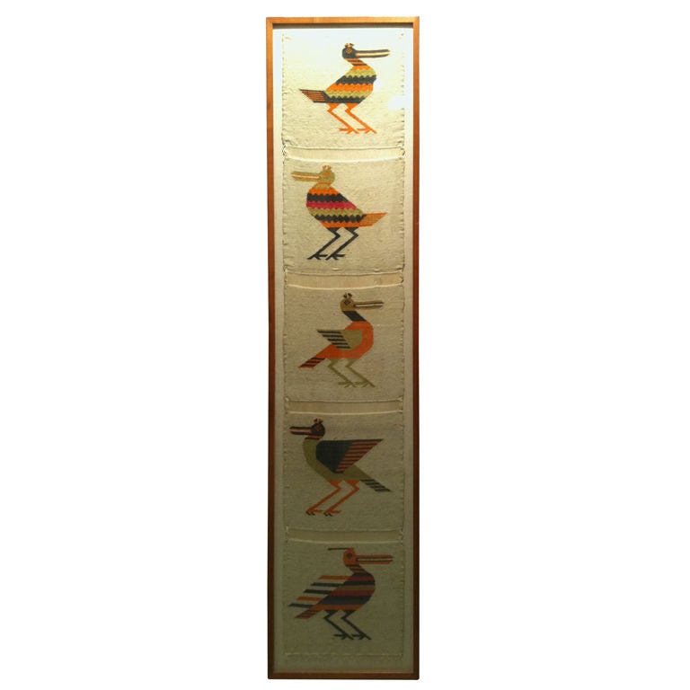 Set of Five Folk Art Textiles of Birds Framed as One Tall Work