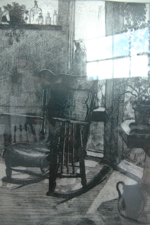 A etching by Jonathon Fabricant of a rocking chair in domestic setting, signed and numbered.