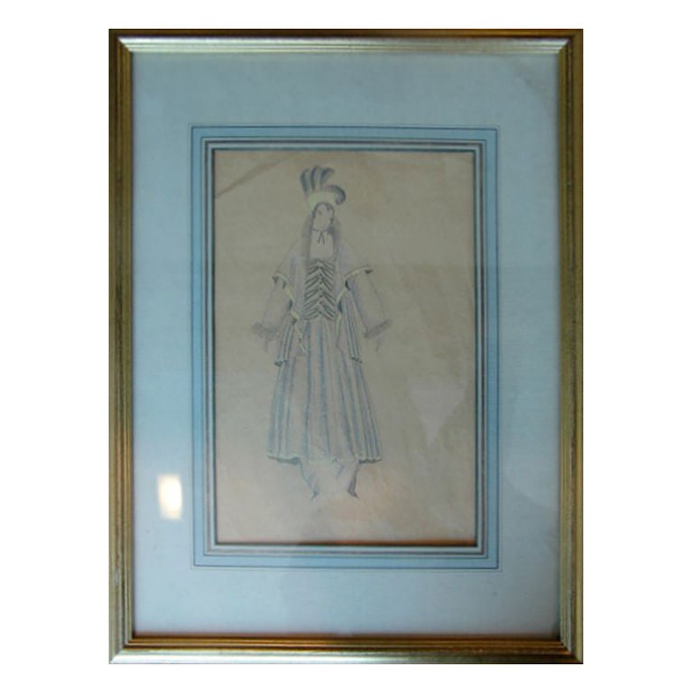 A fashion / costume drawing by Austrian artist Eduard Josef Wimmer-Wisgrill
Title: Costume study
Medium: watercolor and pencil
Size of piece
Height 13.4 in; width 8.2 in. / height 34.1 cm.; width 20.8 cm.
Ex- Bonhams New York.
 