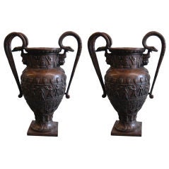 Pair of Large Patinated-Bronze Double-Handled Vases