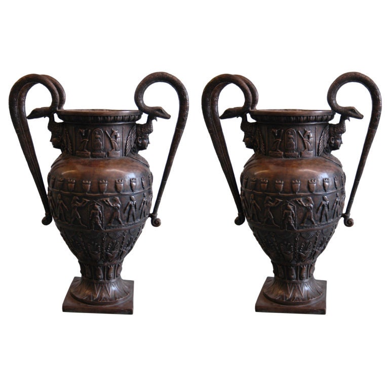 Pair of Large Patinated-Bronze Double-Handled Vases For Sale