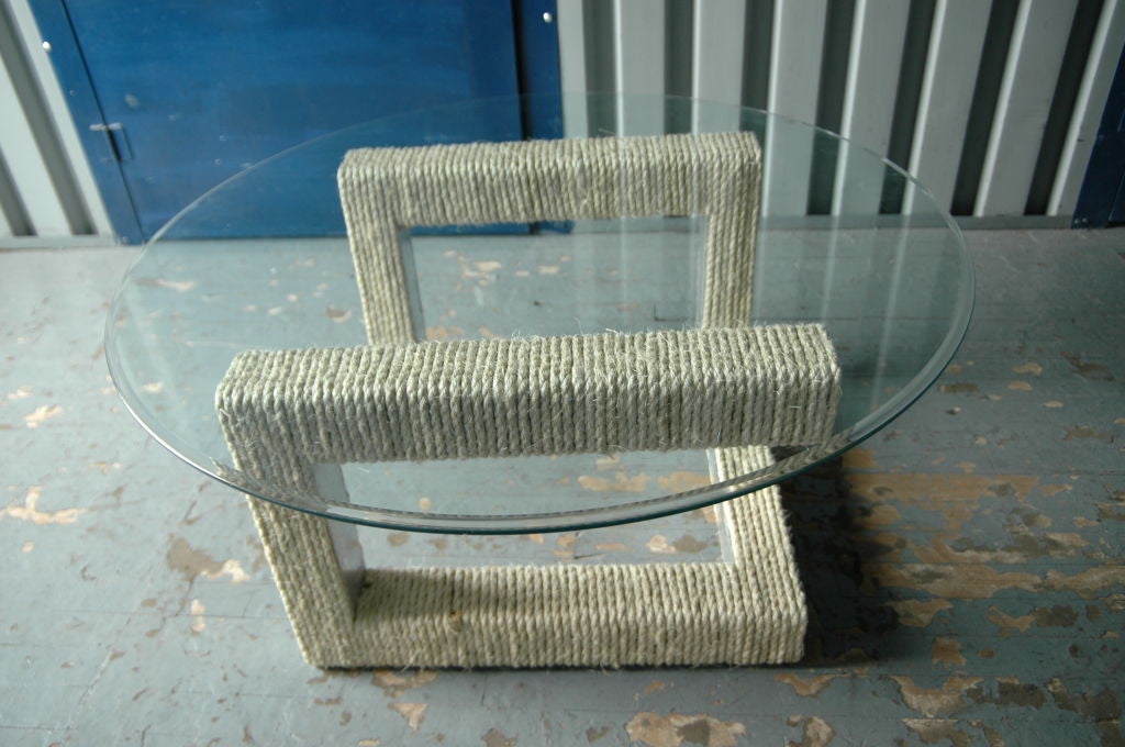 20th Century An unusual rope wrapped metal table base and glass top