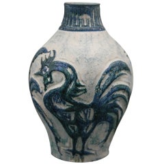 A Blue & White Ceramic Vase with a Rooster