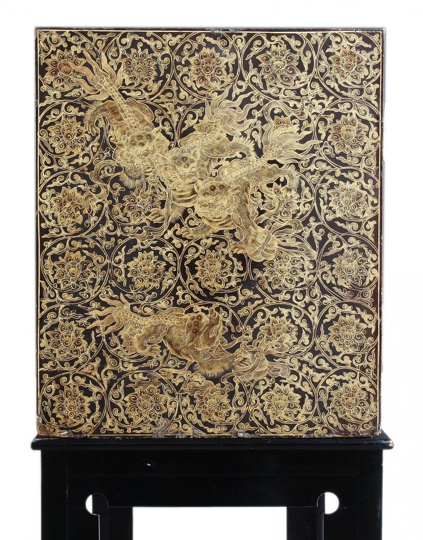 Chinese Gilt Black Lacquer Cabinet on Stand In Good Condition In NYC, NY