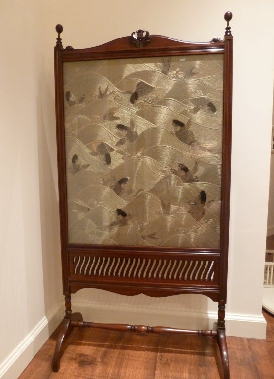 Fine English Floor Fire Screen with Japanese Textile 5