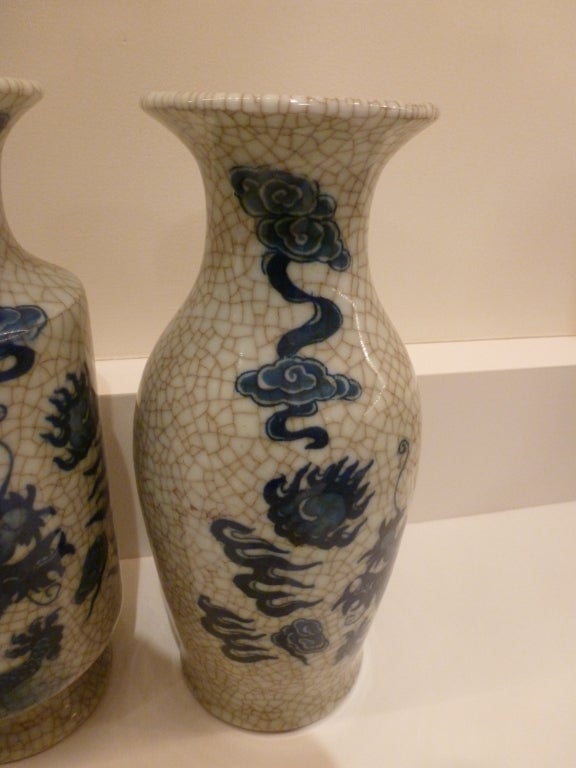 19th Century Four-Vase Blue and White Crackle Garniture
