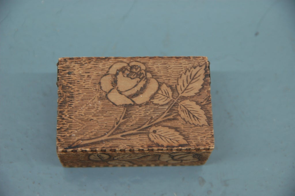 Set of six Colorado-made stationary boxes, the exterior of each extensively decorated with pyrographic designs. One box labeled using the same technique (shown in image 3) identifying the maker / retailer as the W.H. Kistler Stationary company of
