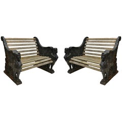 Used Fine Pair of Egyptian Revival Cast Iron Garden Benches