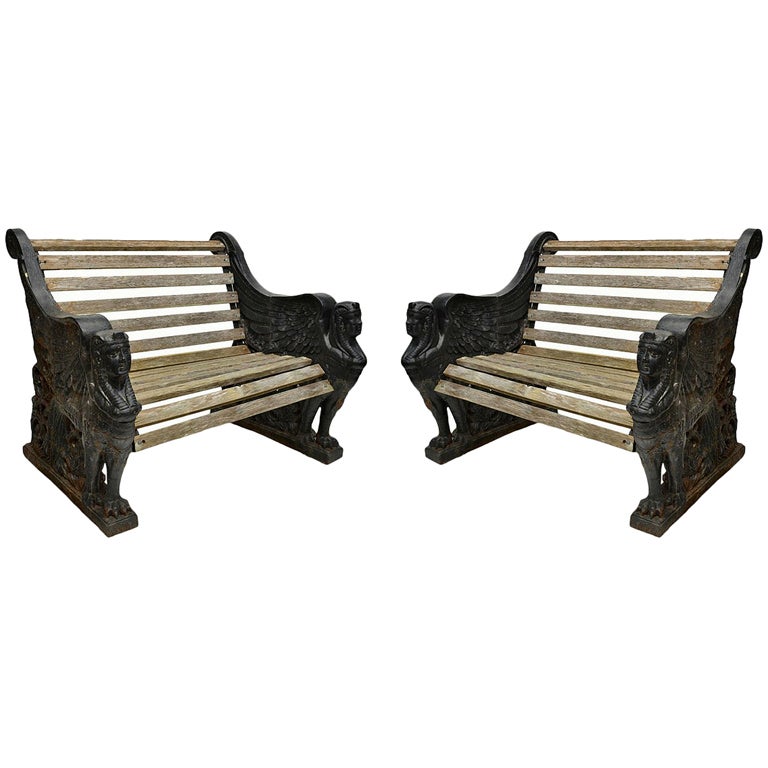 Fine Pair of Egyptian Revival Cast Iron Garden Benches