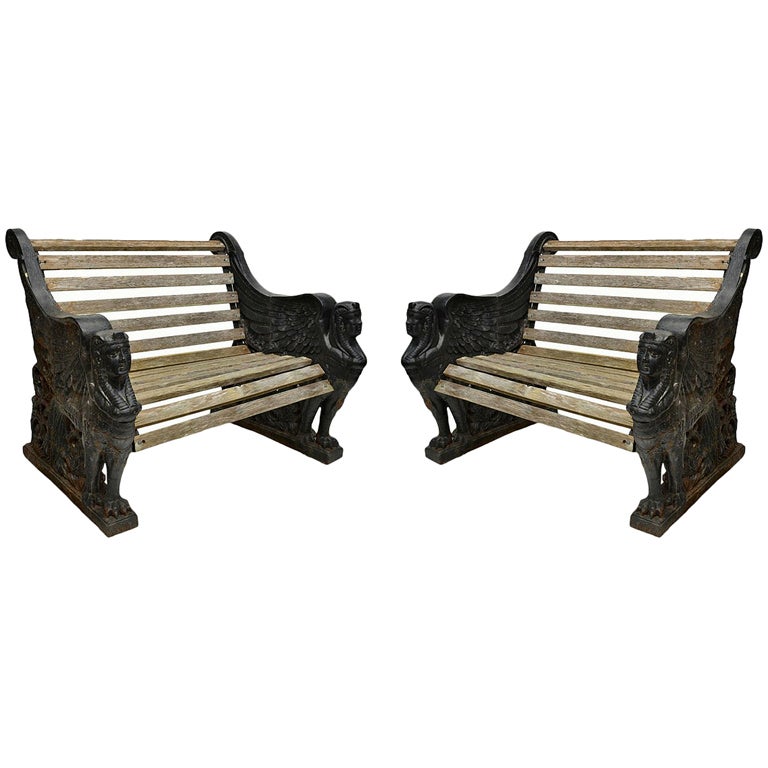 Fine Pair of Egyptian Revival Cast Iron Garden Benches