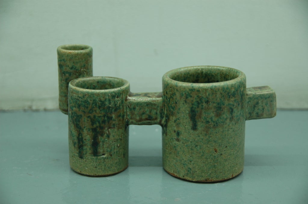 Asian Japanese Ceramic Sculpture in Olive Green