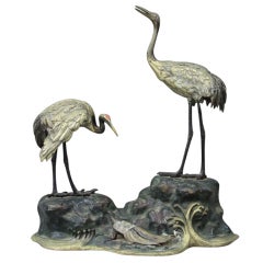 Japanese Cast-Metal Sculpture of Two Cranes