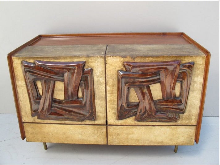 Unique Carved Wood and Parchment Bar Cabinet For Sale at ...