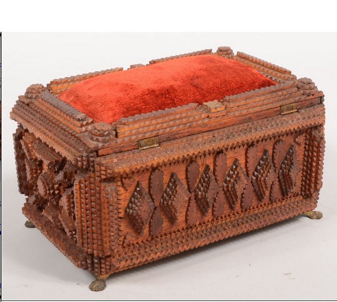 American Tramp Art Jewelry Box with Pincushion Top For Sale