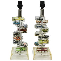 Retro Pair Lucite Table Lamps W/ Encased Matchbox Cars