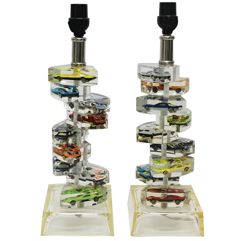 Pair Lucite Table Lamps W/ Encased Matchbox Cars