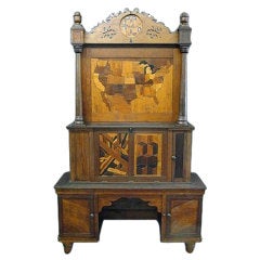 Folk Art Secretaire Cabinet with Marquetry Map of the U.S.