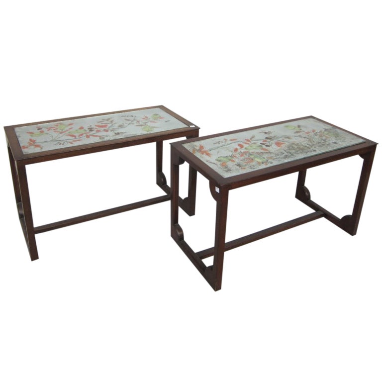 Pair Mid-Century Eglomise and Walnut Side Tables