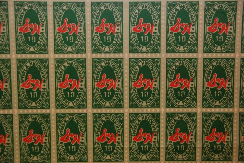 Two sheets of S&H Green Stamps designed as exhibition invitations by Andy Warhol in 1965.

Printer: Eugene Feldman, Philadelphia
Publisher: Institute of Contemporary Art, Philadelphia

From a rather large edition of 6000, but because of the