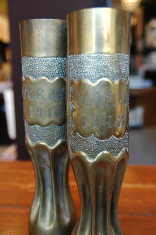 French Pair WWI Trench Art Vases Marked 'Verdun' and 'Marne'