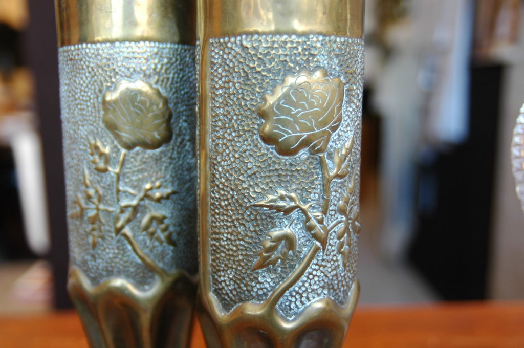 Pair WWI Trench Art Vases Marked 'Verdun' and 'Marne' In Good Condition In NYC, NY