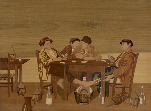 Pair Marquetry Panels Depicting A Card Game