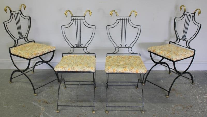 A set of Four Neoclassical Chairs signed Samuel Copelon with lyre backs surmounted with brass swans heads. 

An addition set of white chairs with a sofa available. 