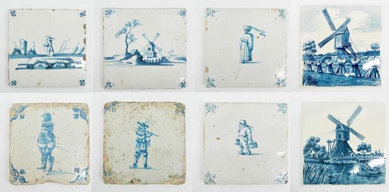 A group of eight Delft tiles including six early and two later.

Delft pottery is blue and white pottery made in and around Delft in the Netherlands from the 16th century.

 