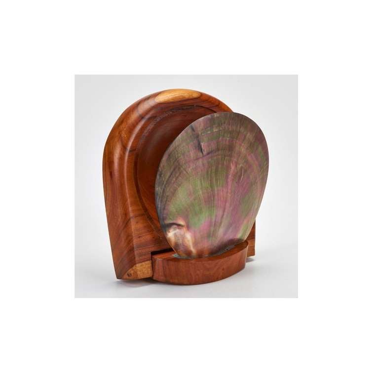 A beautiful wood box with a small compartment inside and a shell lid in the manner of Alexandre Noll.