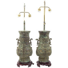 Vintage Pair of Chinese Bronze Vessels as Table Lamps