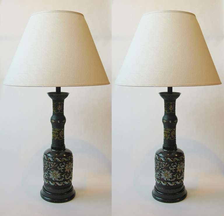 A Pair of Japanese Bronze Champlevé Table Lamps