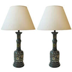Vintage A Pair of Japanese Bronze Champlevé Table Lamps