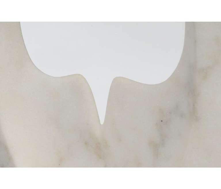 A white marble sculpture by American Artist Chui Faising (b. 1946) on a trapezoidal base. The piece is marked 